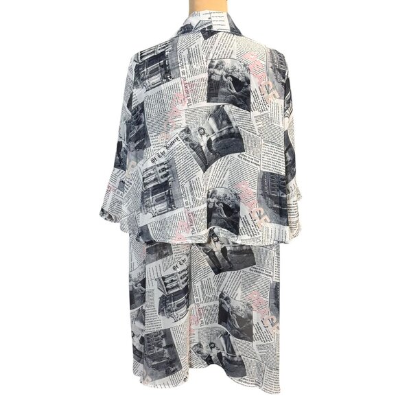 Why Dress Flowy Top Sz.L Newspaper Print Novelty Longline Ruffle 90s Maximalist - Picture 3 of 12